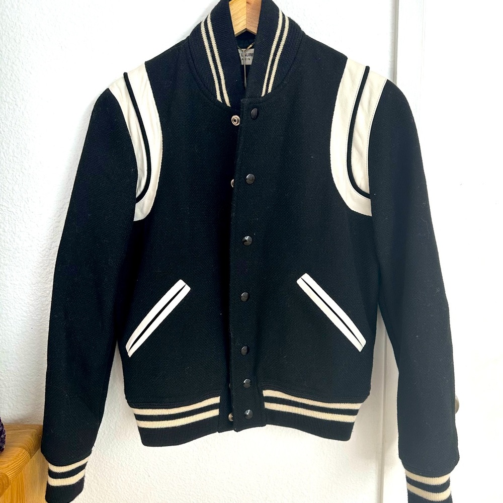 AUTHENTICATED SAINT LAURENT BLACK W/ WHITE LEATHER TRIM TEDDY BOMBER JACKET FR36